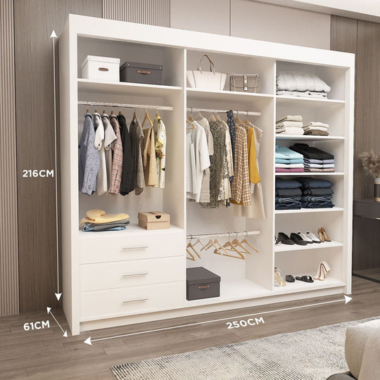 OSLO Sliding Door Wardrobe with Mirror – 2 or 3 Doors – Multiple Sizes & Colours – Shelves, Rails & Drawers